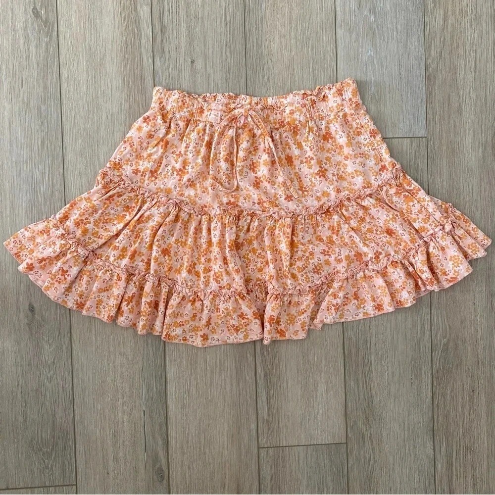 New Look Ruffled Floral Flowy Mini Skirt Peach White Cottagecore Women's Lrg EUC